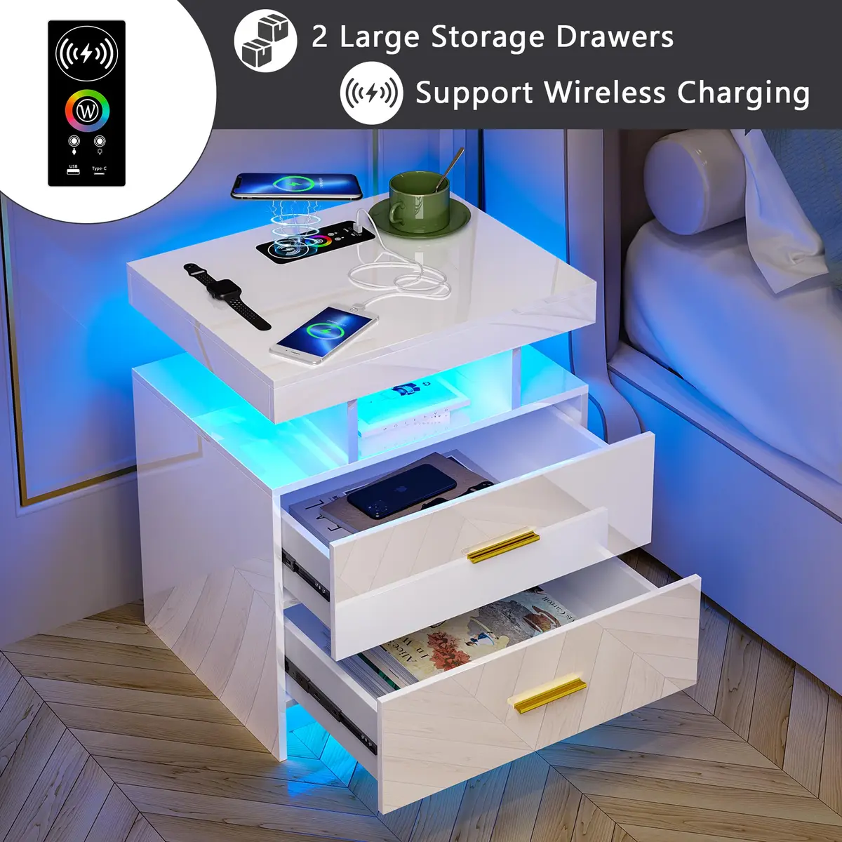 HNEBC LED Nightstand Set of 2 with Charging Station | Auto Sensor 3-Color Light, Wireless & USB Charging, 2 Drawers, Black - view 7