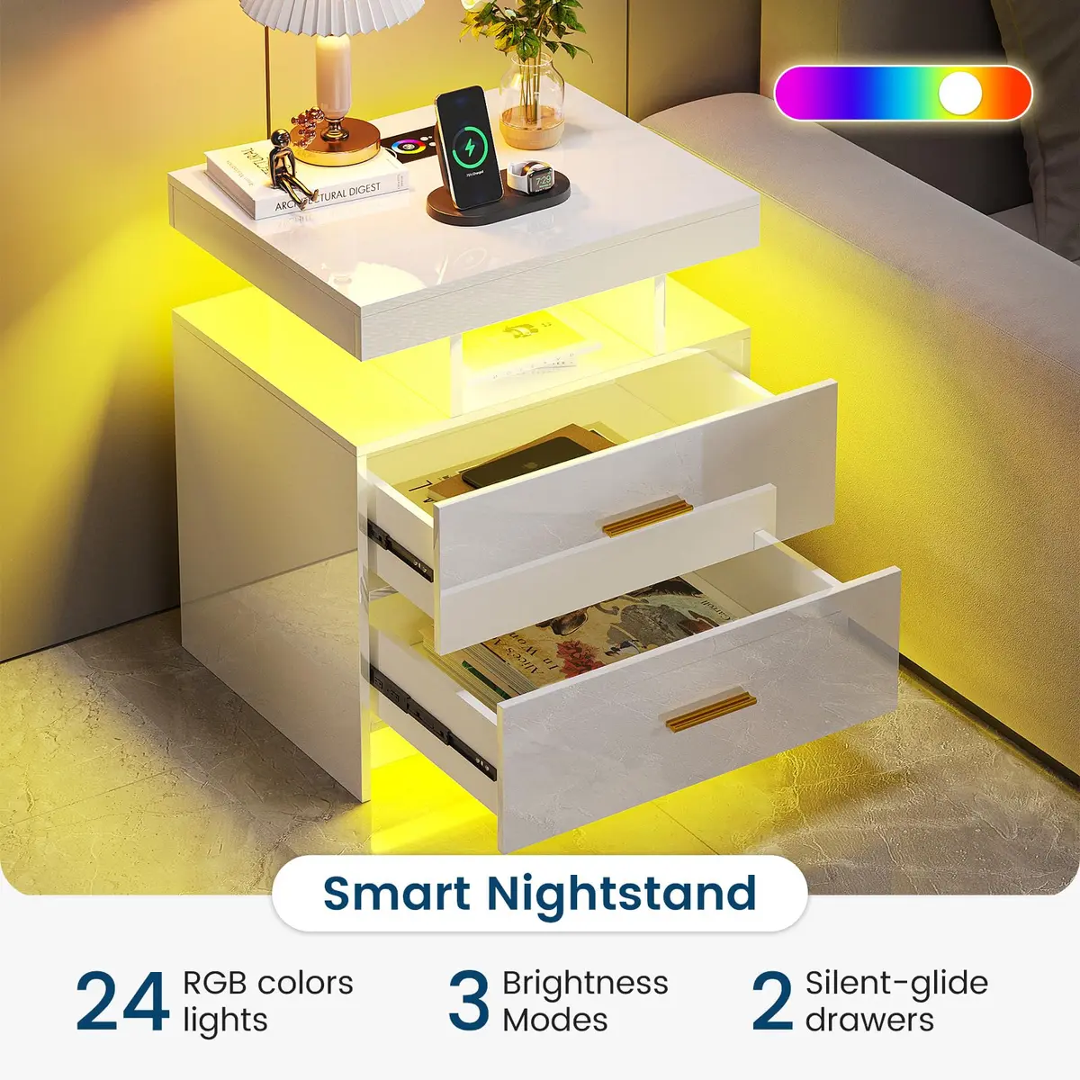HNEBC LED Nightstand Set of 2 with Charging Station | Auto Sensor 3-Color Light, Wireless & USB Charging, 2 Drawers, Black - view 8