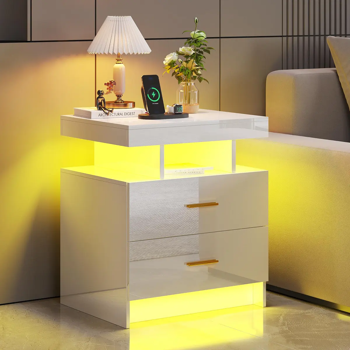 HNEBC LED Nightstand Set of 2 with Charging Station | Auto Sensor 3-Color Light, Wireless & USB Charging, 2 Drawers, Black - view 9