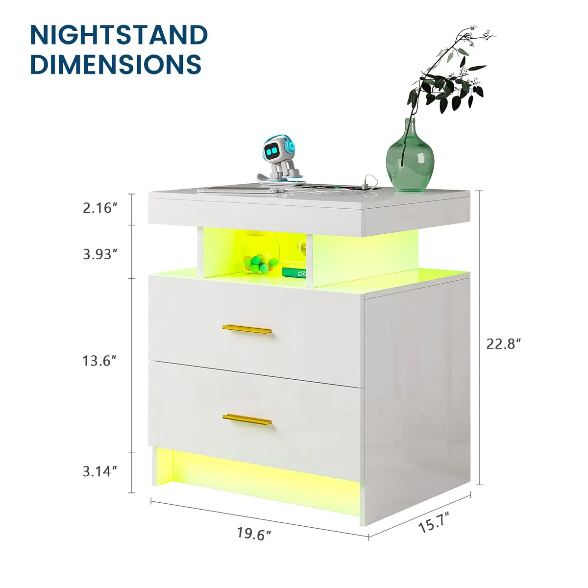 HNEBC LED Nightstand Set of 2 with Charging Station | Auto Sensor 3-Color Light, Wireless & USB Charging, 2 Drawers, Black - view 2