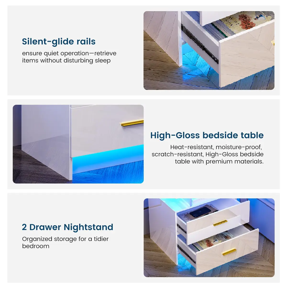 HNEBC LED Nightstand Set of 2 with Charging Station | Auto Sensor 3-Color Light, Wireless & USB Charging, 2 Drawers, Black - view 3