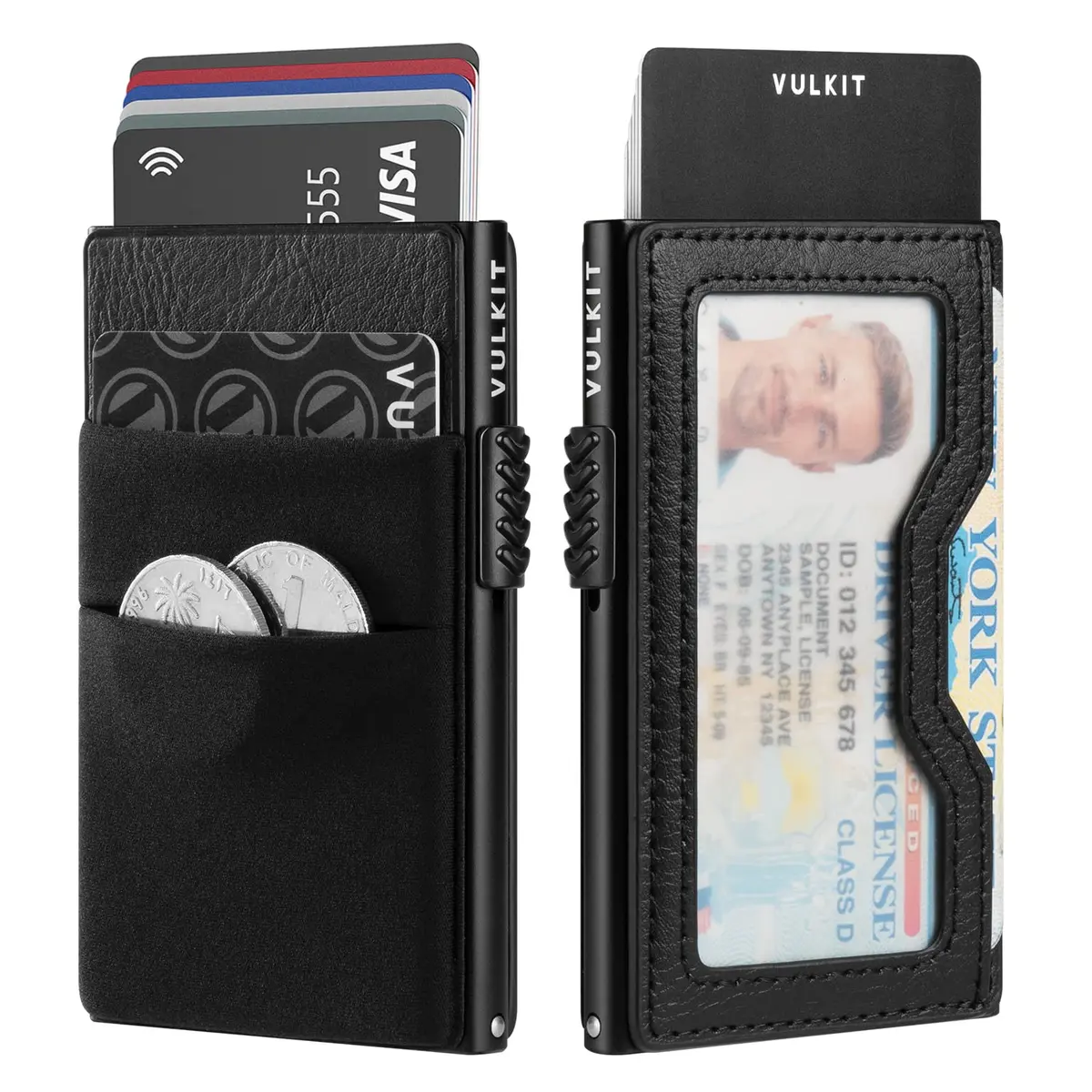 VULKIT Minimalist Pop Up Card Holder Wallet with ID Window & Airtag Pocket | 7 Cards, Cash, Keys | Black - main product image