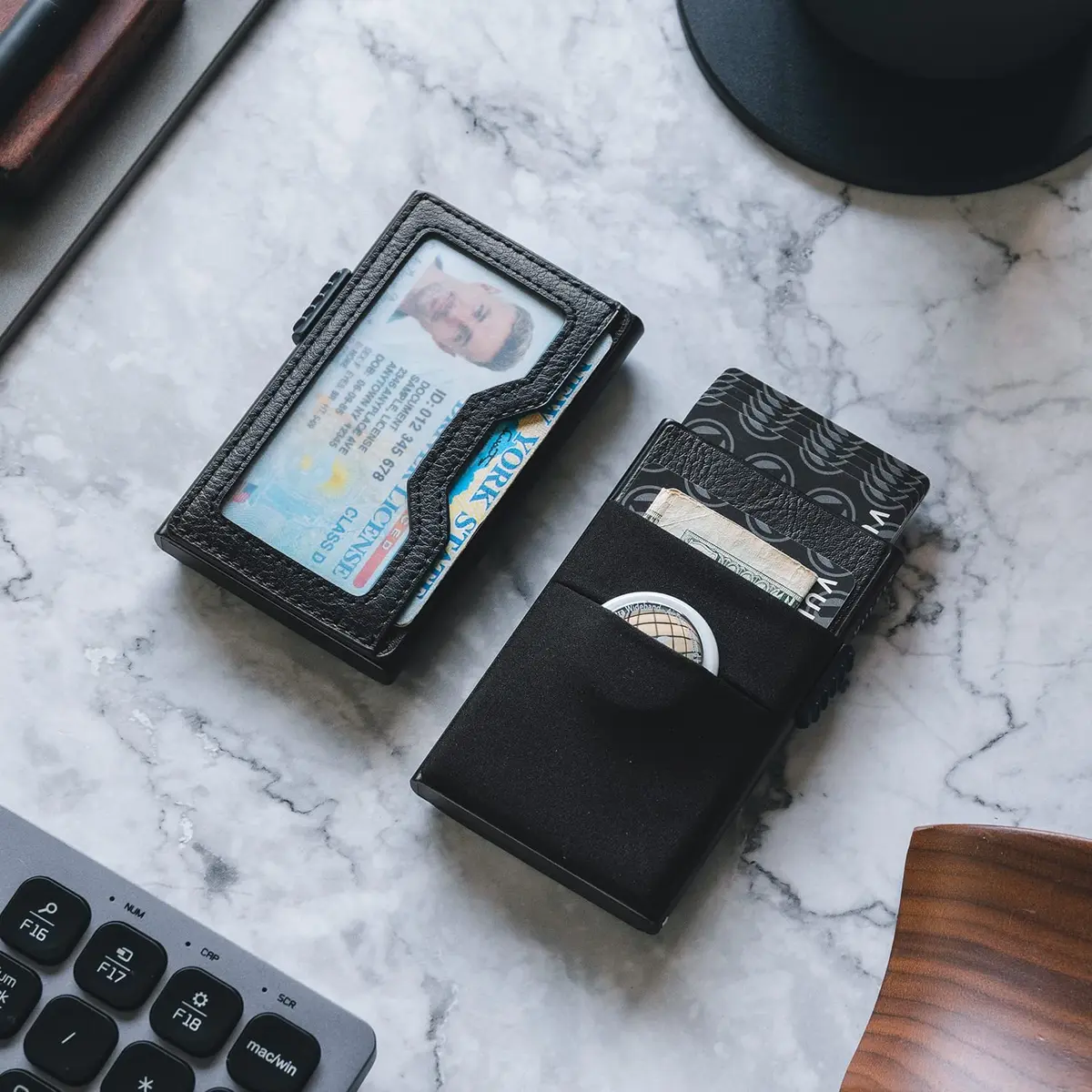 VULKIT Minimalist Pop Up Card Holder Wallet with ID Window & Airtag Pocket | 7 Cards, Cash, Keys | Black - view 6
