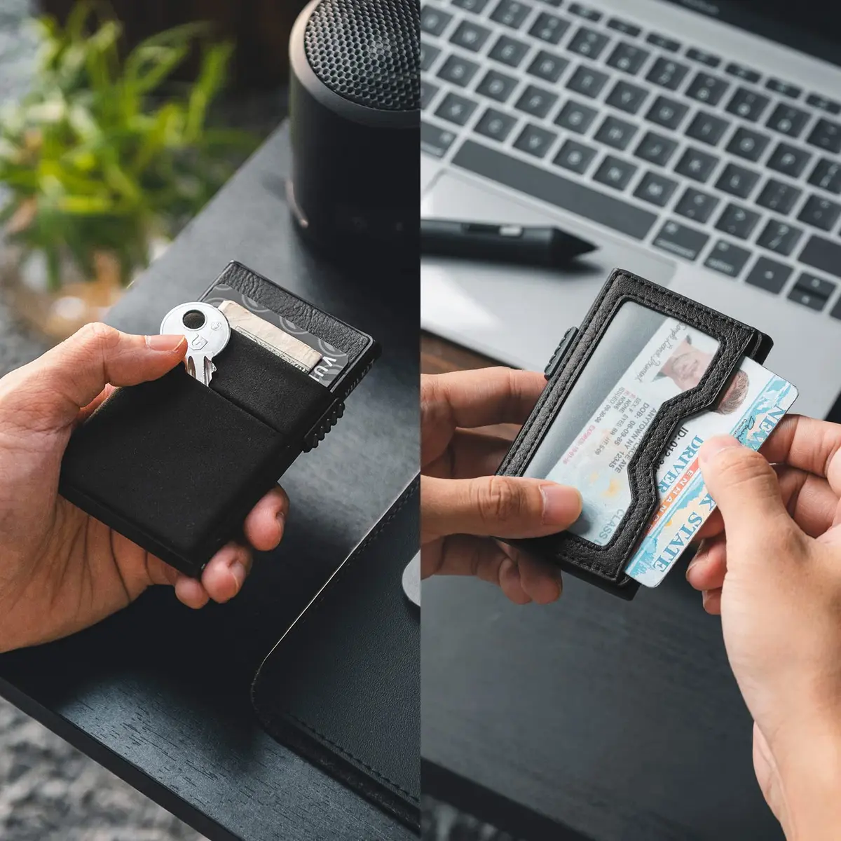 VULKIT Minimalist Pop Up Card Holder Wallet with ID Window & Airtag Pocket | 7 Cards, Cash, Keys | Black - view 2