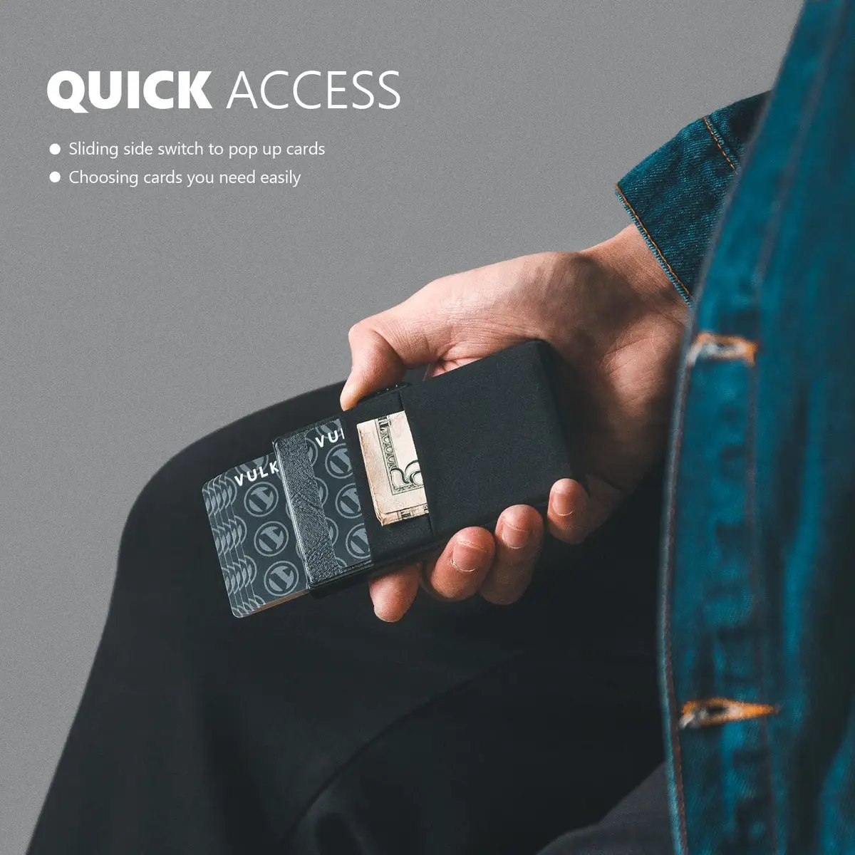VULKIT Minimalist Pop Up Card Holder Wallet with ID Window & Airtag Pocket | 7 Cards, Cash, Keys | Black - view 3