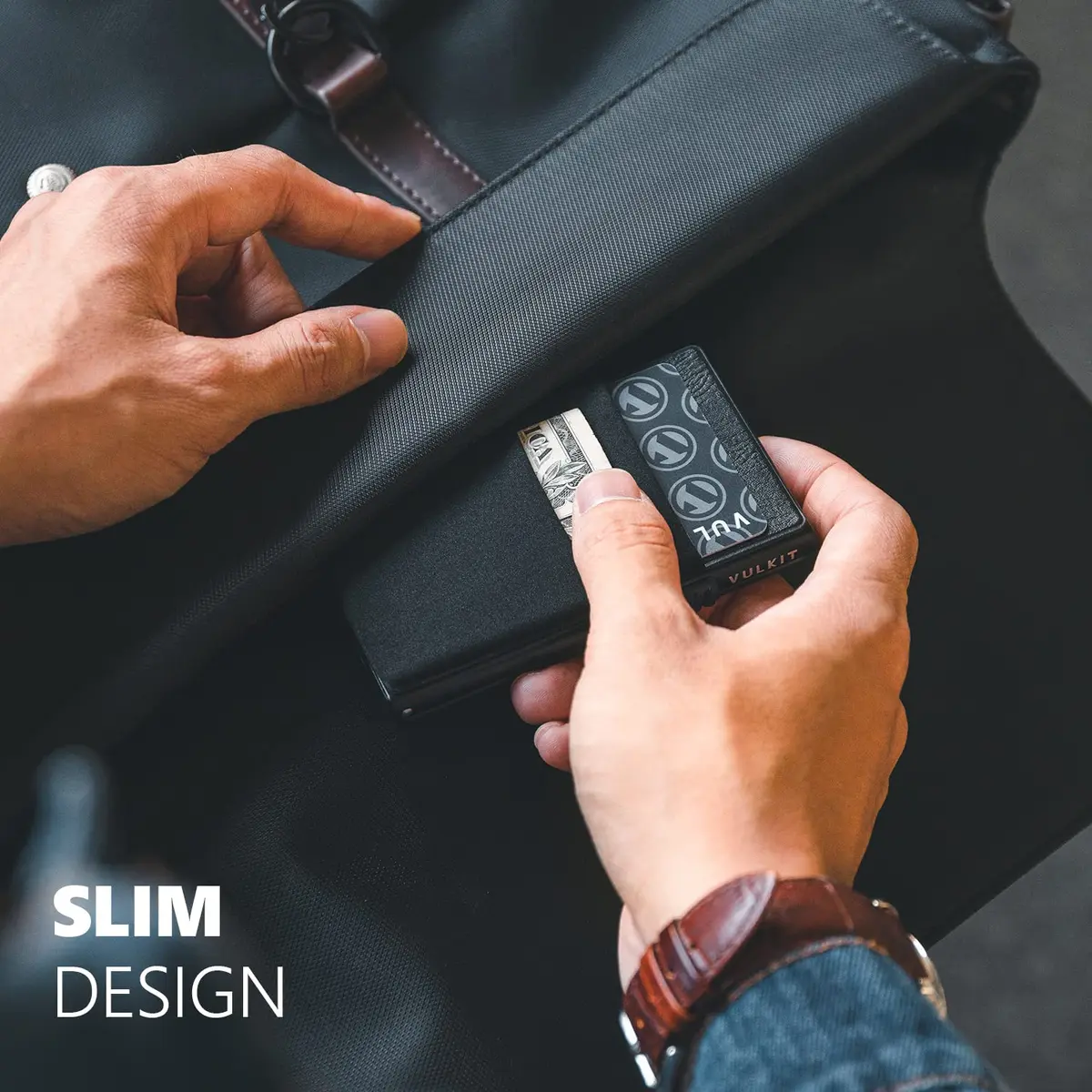 VULKIT Minimalist Pop Up Card Holder Wallet with ID Window & Airtag Pocket | 7 Cards, Cash, Keys | Black - view 4