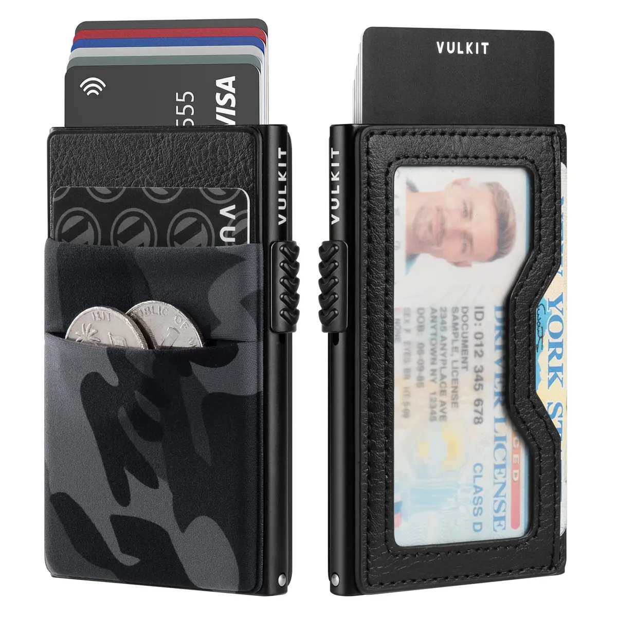 VULKIT Minimalist Wallet with ID Window & Pop Up Card Holder, RFID Blocking Slim Design for Airtag, Cash, Coins, Credit Cards (Black Camo) - main product image
