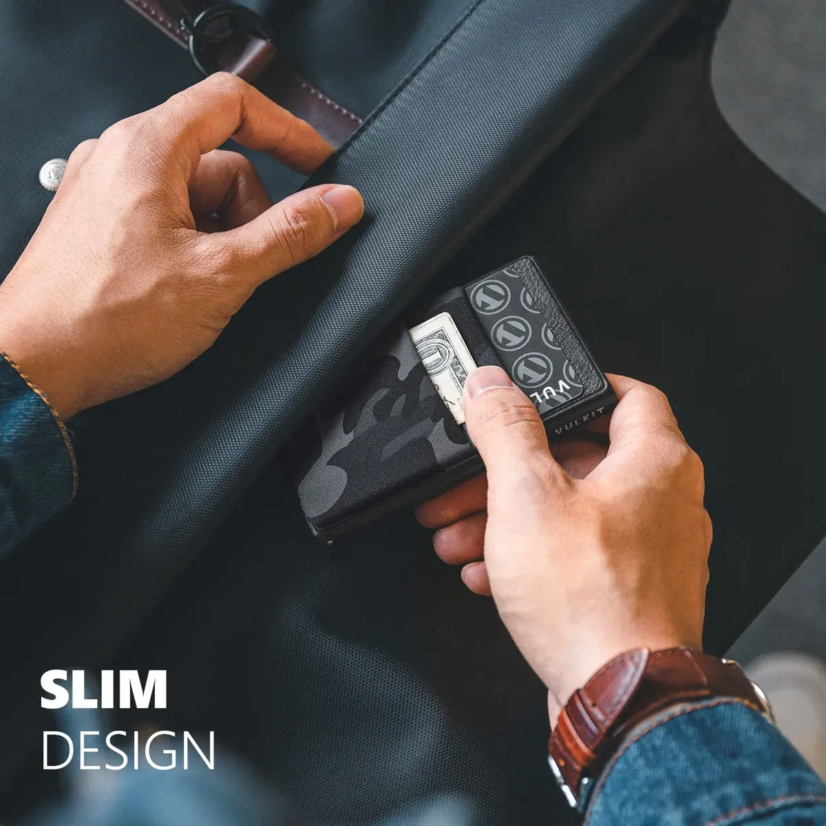 VULKIT Minimalist Wallet with ID Window & Pop Up Card Holder, RFID Blocking Slim Design for Airtag, Cash, Coins, Credit Cards (Black Camo) - view 4