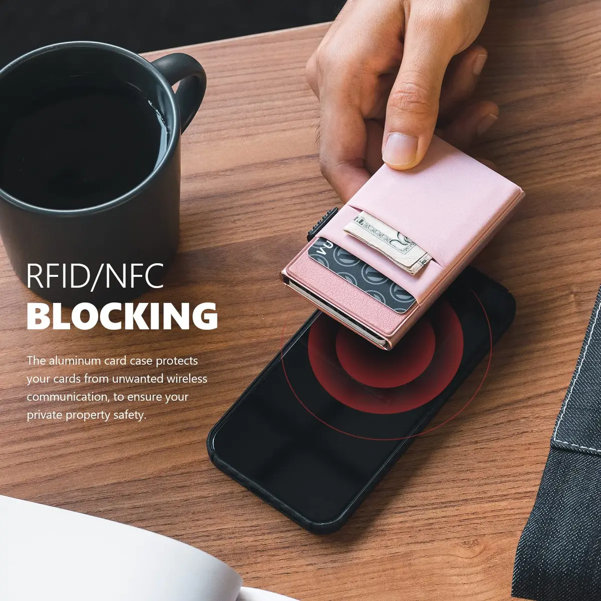 VULKIT Minimalist Pop Up Card Holder Wallet with ID Window & Airtag Pocket | Pink 6.8cm x 10.4cm - view 5