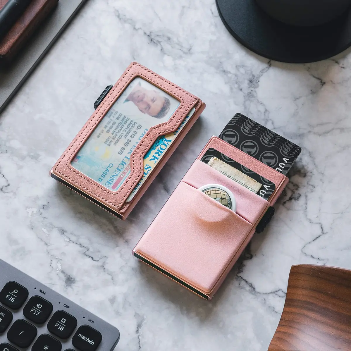 VULKIT Minimalist Pop Up Card Holder Wallet with ID Window & Airtag Pocket | Pink 6.8cm x 10.4cm - view 6