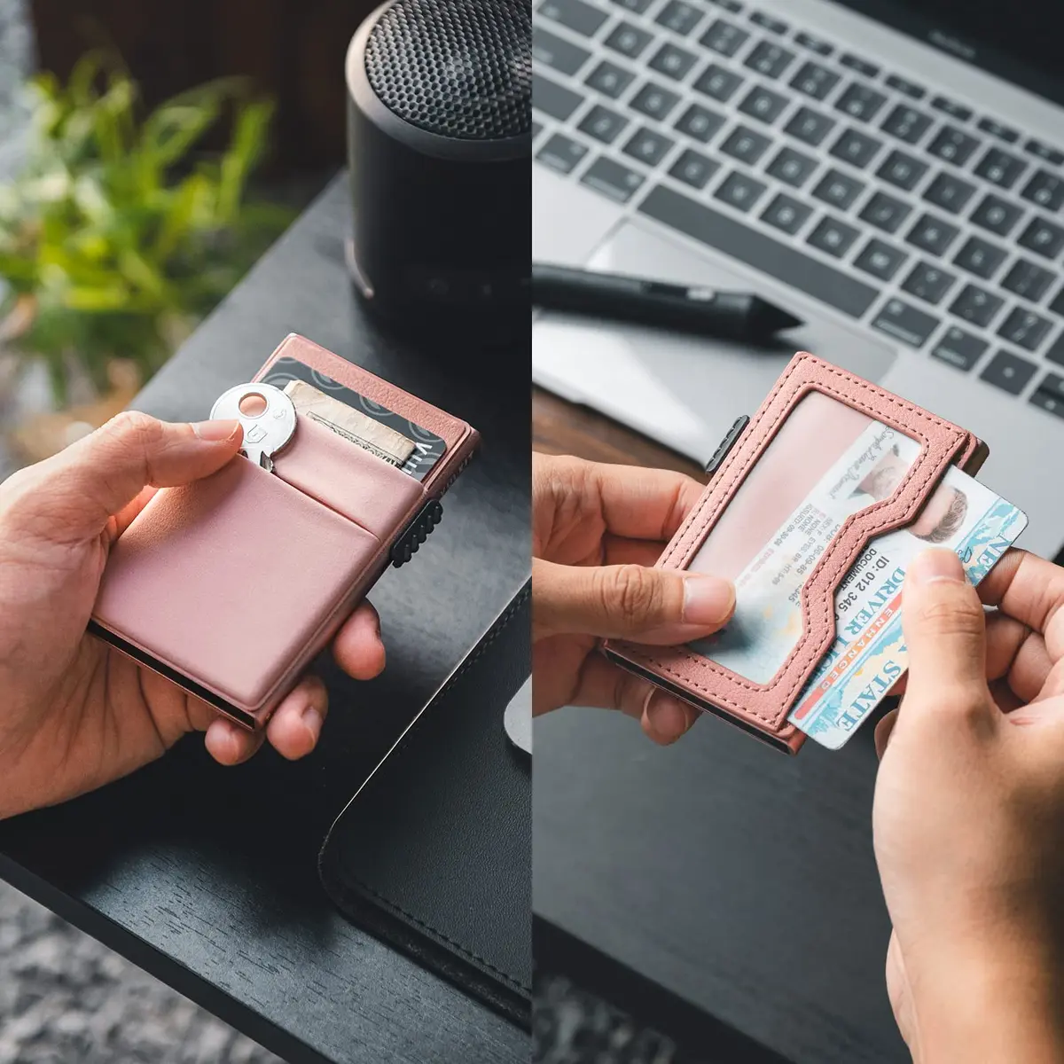 VULKIT Minimalist Pop Up Card Holder Wallet with ID Window & Airtag Pocket | Pink 6.8cm x 10.4cm - view 2