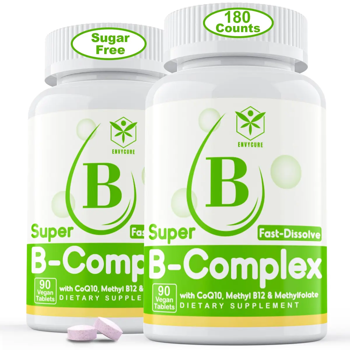 EnvyCure Sugar Free Vitamin B Complex with Methyl B12, MethylFolate, B6, B1, B2, B3, 90 Count (Pack of 2) | Fast Dissolve, Vegan, Energy & Neural Support - main product image
