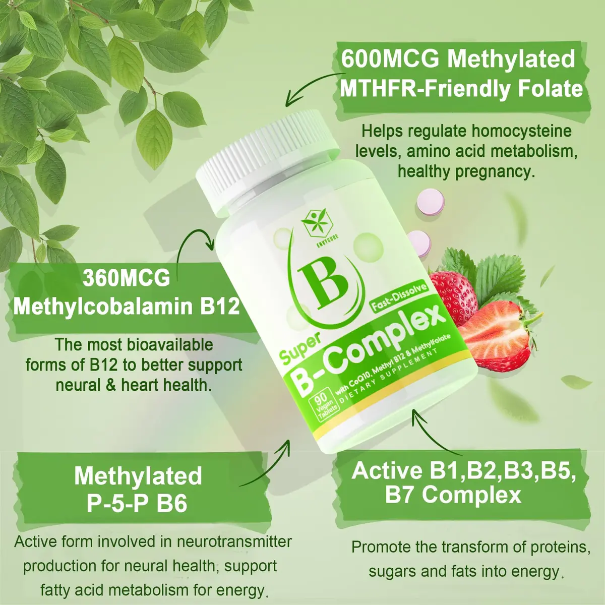 EnvyCure Sugar Free Vitamin B Complex with Methyl B12, MethylFolate, B6, B1, B2, B3, 90 Count (Pack of 2) | Fast Dissolve, Vegan, Energy & Neural Support - view 3