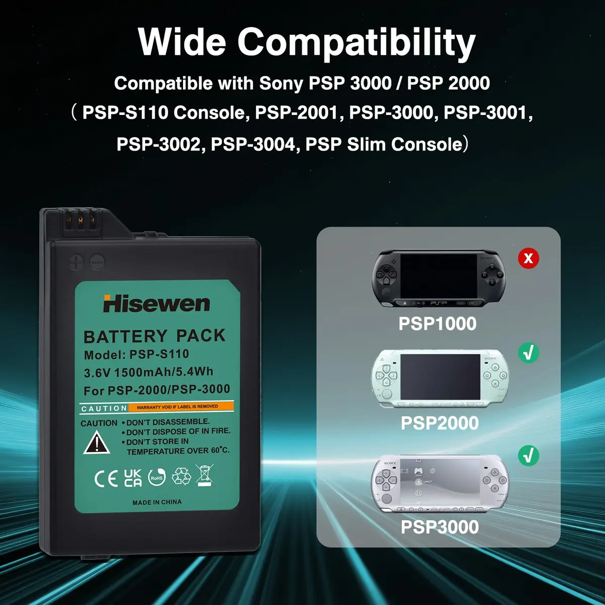 Hisewen PSP 3000 Battery and Charger for Sony PSP 2000/3000 Slim Consoles | 1500mAh Li-ion Rechargeable Pack with LED USB Charger - view 2