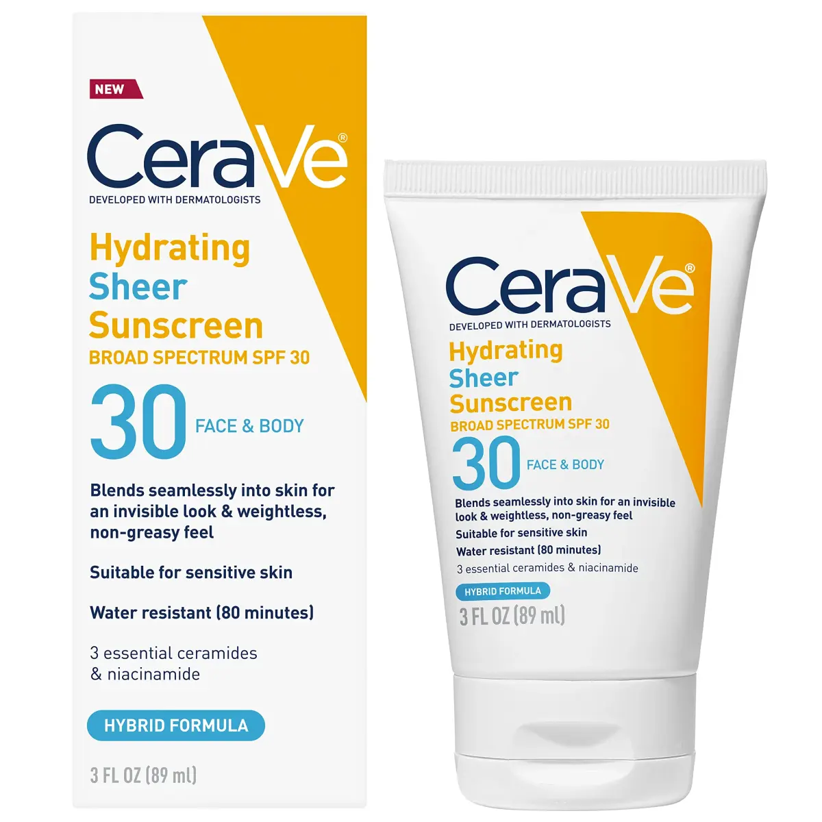 CeraVe Hydrating Sheer Sunscreen SPF 30 with Hyaluronic Acid, 89ml (3 Fl Oz) | Hybrid Formula with Zinc Oxide & Ceramides - main product image