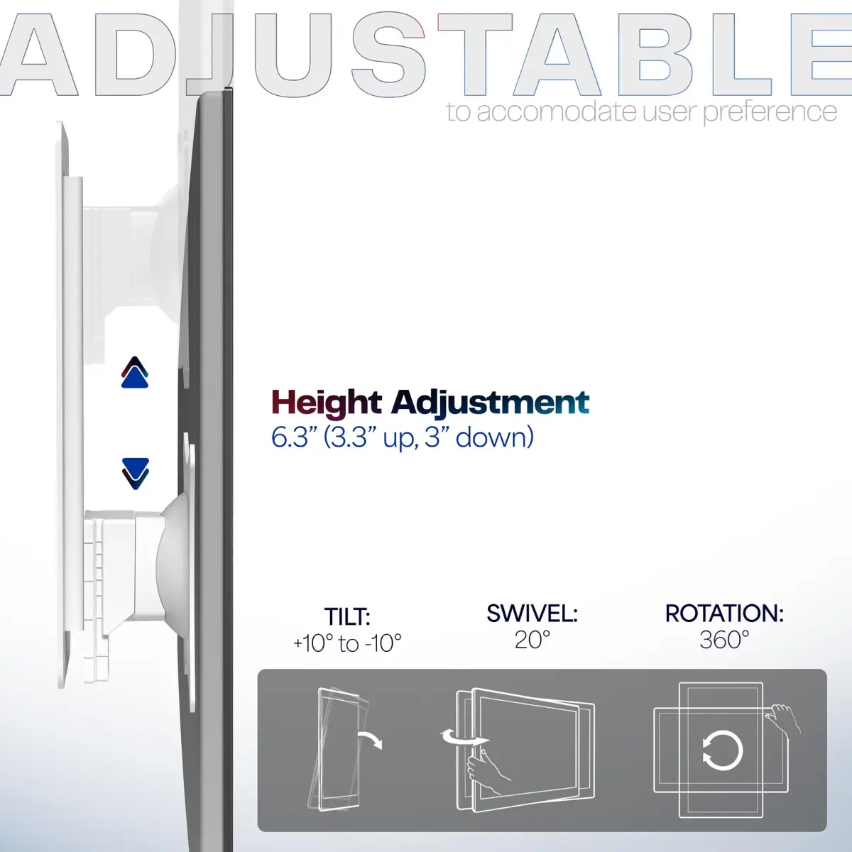 VIVO Height Adjustable Single Monitor Wall Mount (White) | Fits 17"-32" Screens, 7.98 kg Max Load, VESA 100x100mm - view 5