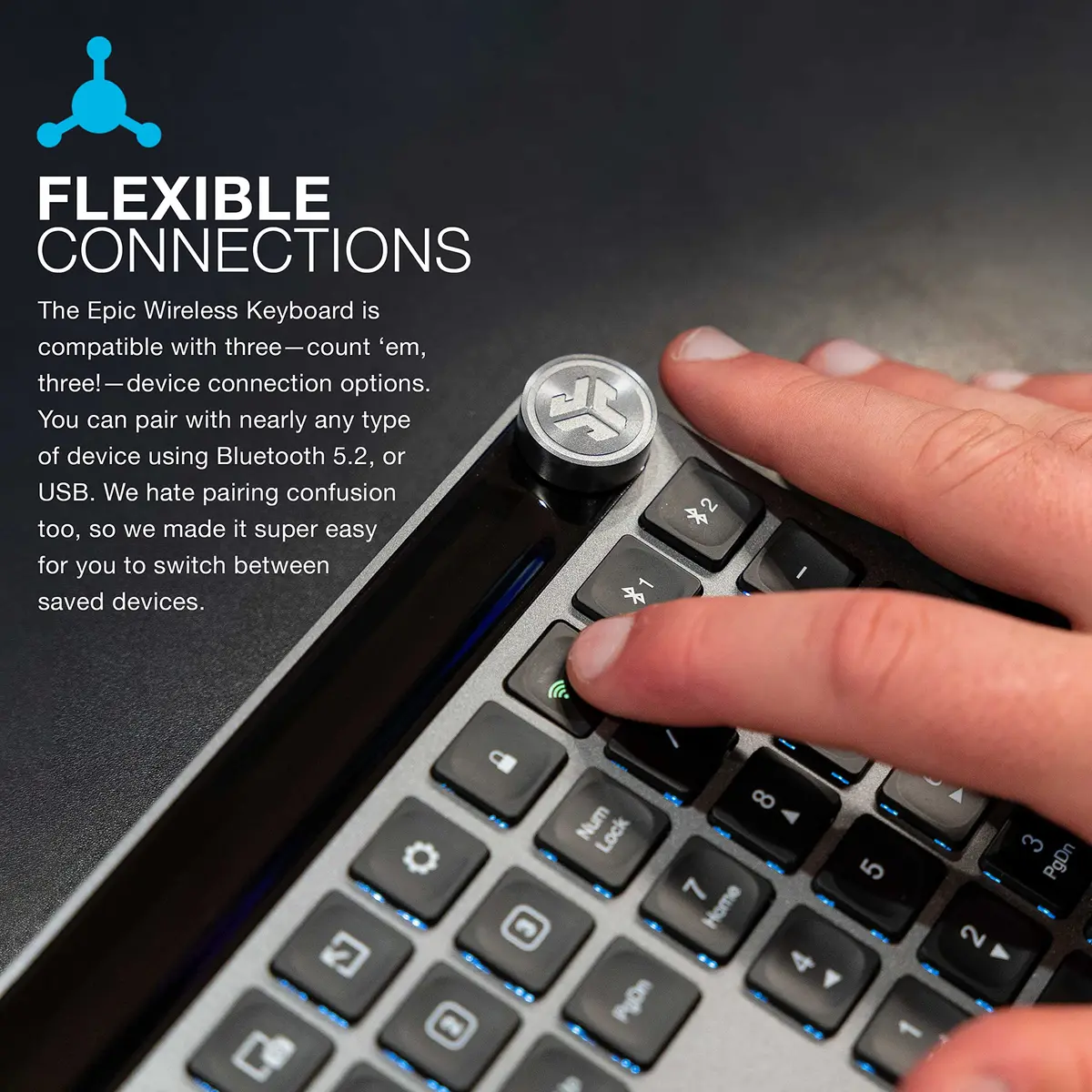 JLab Epic Wireless Keyboard Bluetooth 5.2 Multi-Device Backlit 108 Keys Black | Connect 3 Devices Instantly - view 3