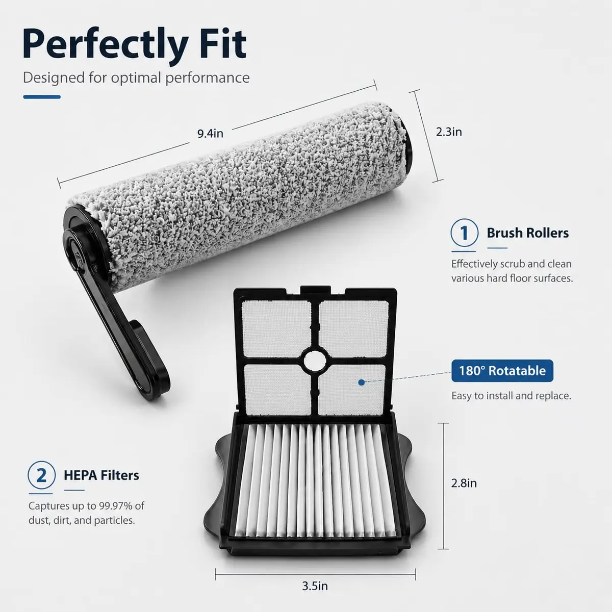 Bluearks Tineco Floor ONE S5 Replacement Brush Rollers & HEPA Filters (2 Brush Rollers + 2 Filters) | Captures 99.97% Particles - view 7