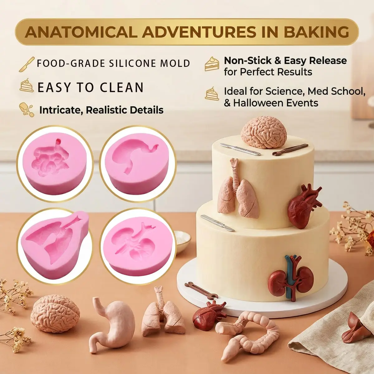 IKOJING Food Preparation Mold 8 pcs | Silicone Halloween Organ Cake Decor (23.8cm x 20cm) - view 5