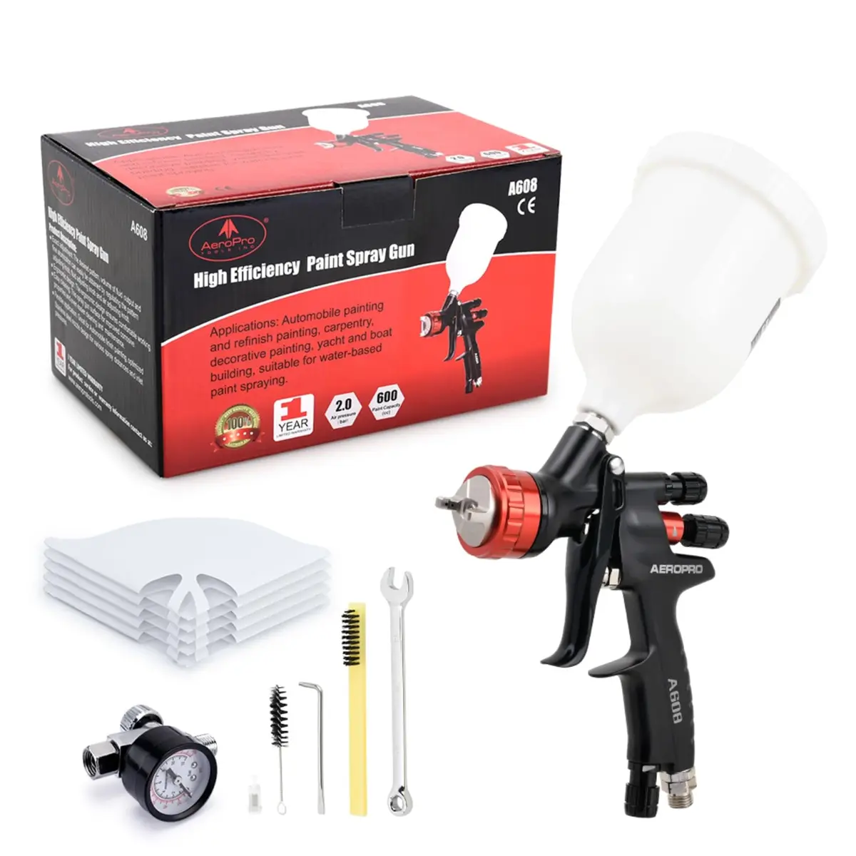 AEROPRO A608 HVLP Air Spray Gun with 1.3mm Nozzle and 600cc Cup | High Transfer Efficiency for Automotive Painting - view 8