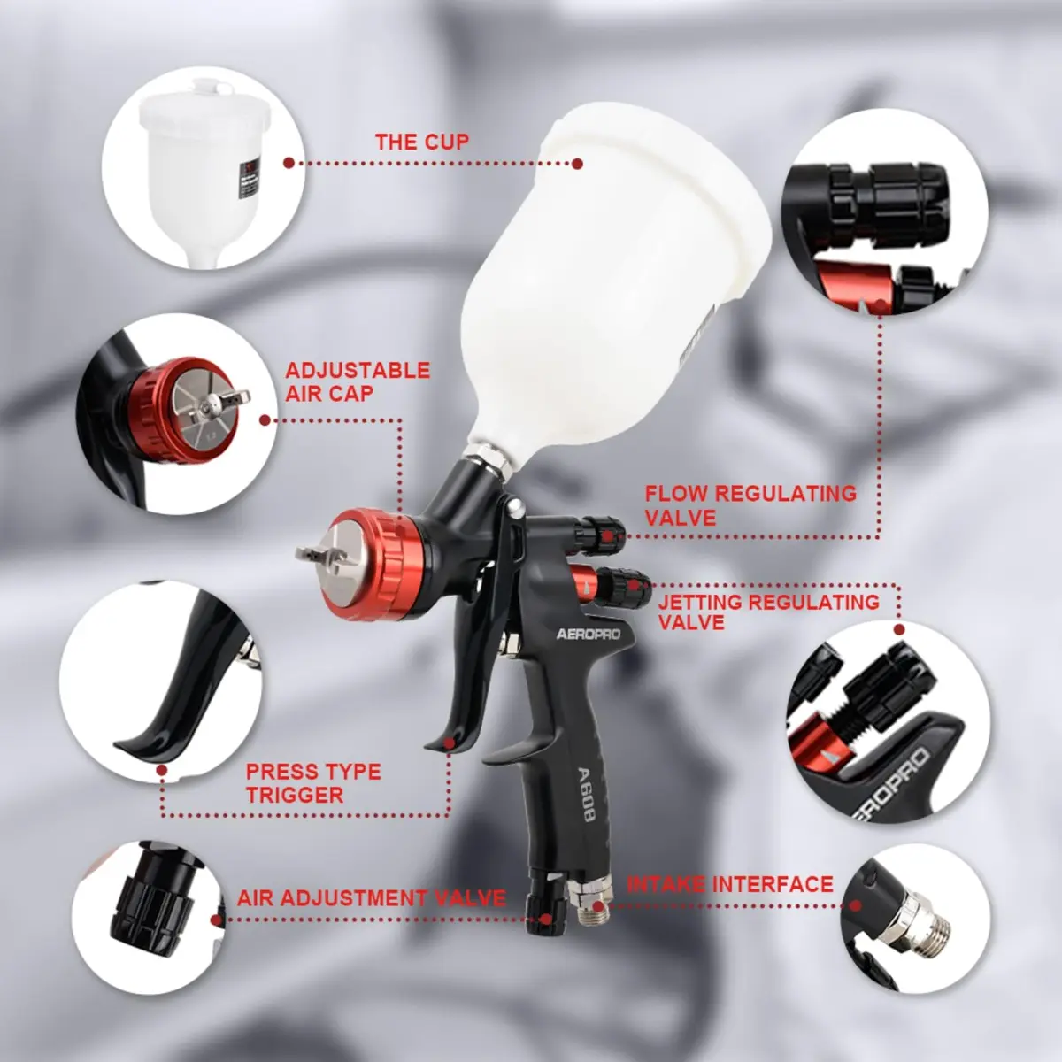 AEROPRO A608 HVLP Air Spray Gun 1.3mm Nozzle 600cc Cup | High Transfer Efficiency Automotive Paint Sprayer - view 7