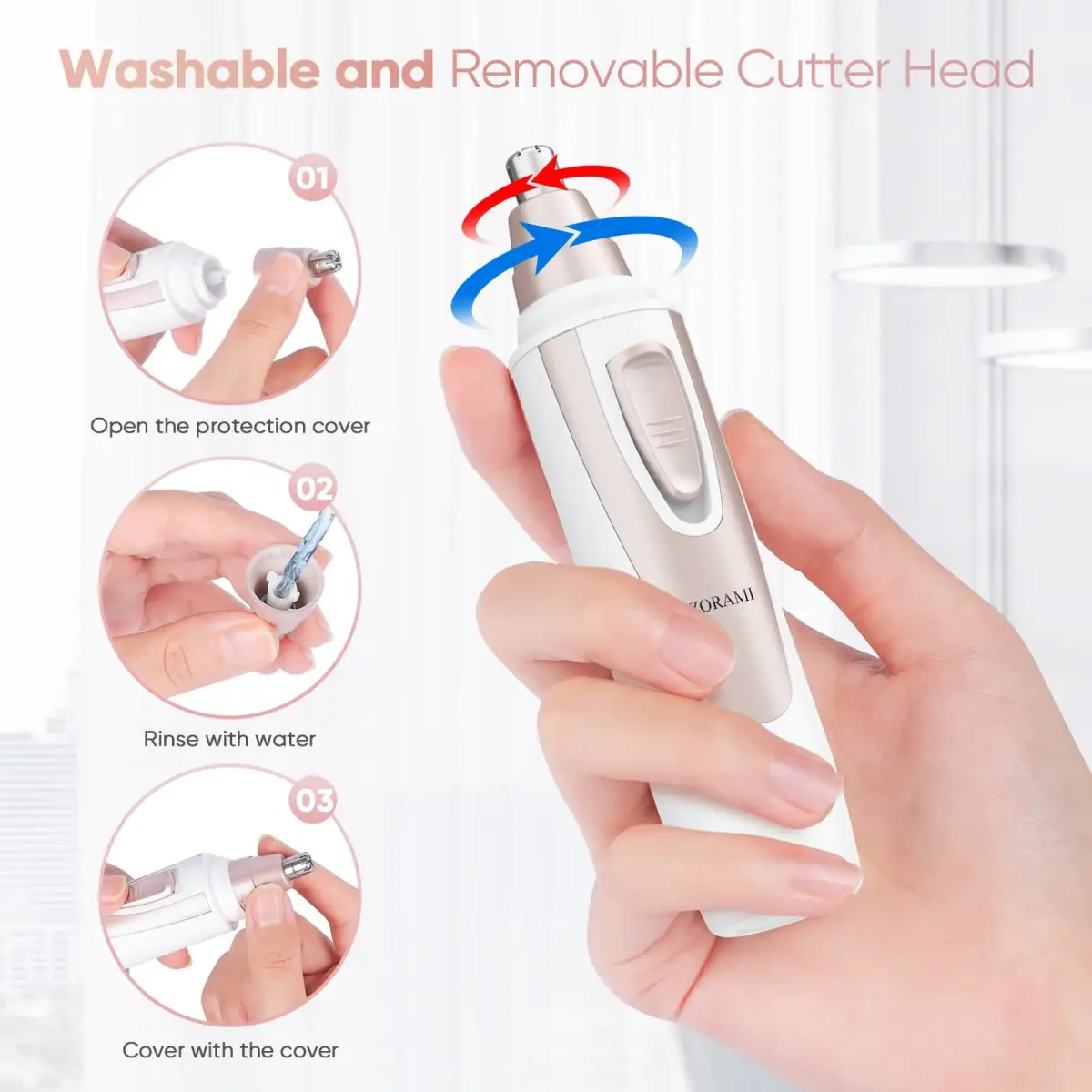 ZORAMI Professional Ear and Nose Hair Trimmer Pink | Painless Facial Hair Trimmer with IPX7 Waterproof - view 5