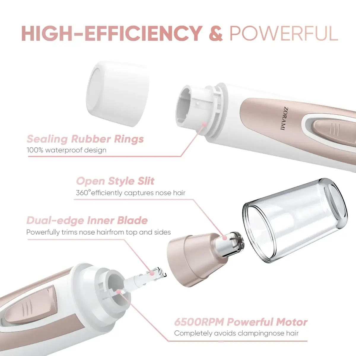 ZORAMI Professional Ear and Nose Hair Trimmer Pink | Painless Facial Hair Trimmer with IPX7 Waterproof - view 4