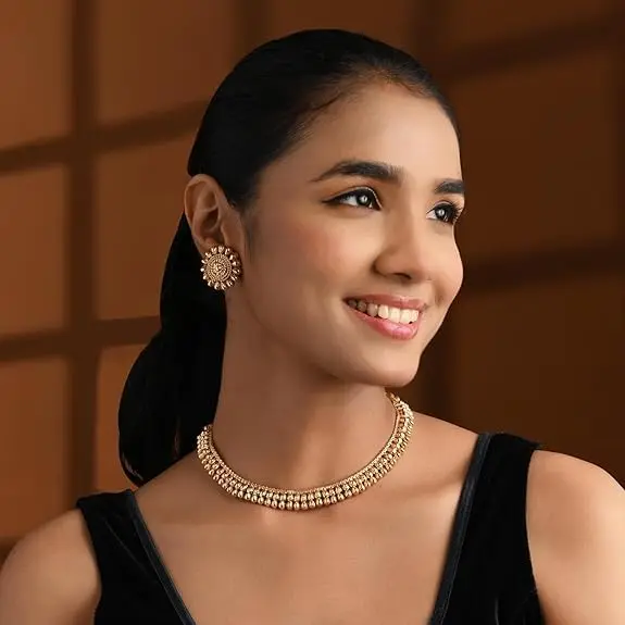 I Jewels Gold Plated Necklace and Earrings Set with Round Yellow Stones | 12.5cm Necklace Length, 2.5cm Earring Height - view 2