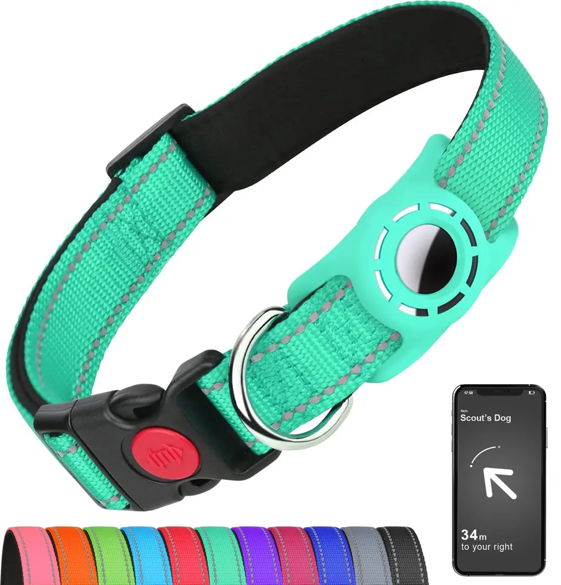 Erbine Reflective Dog Collar with AirTag Holder for Small Dogs, Teal (9"-15") - main product image