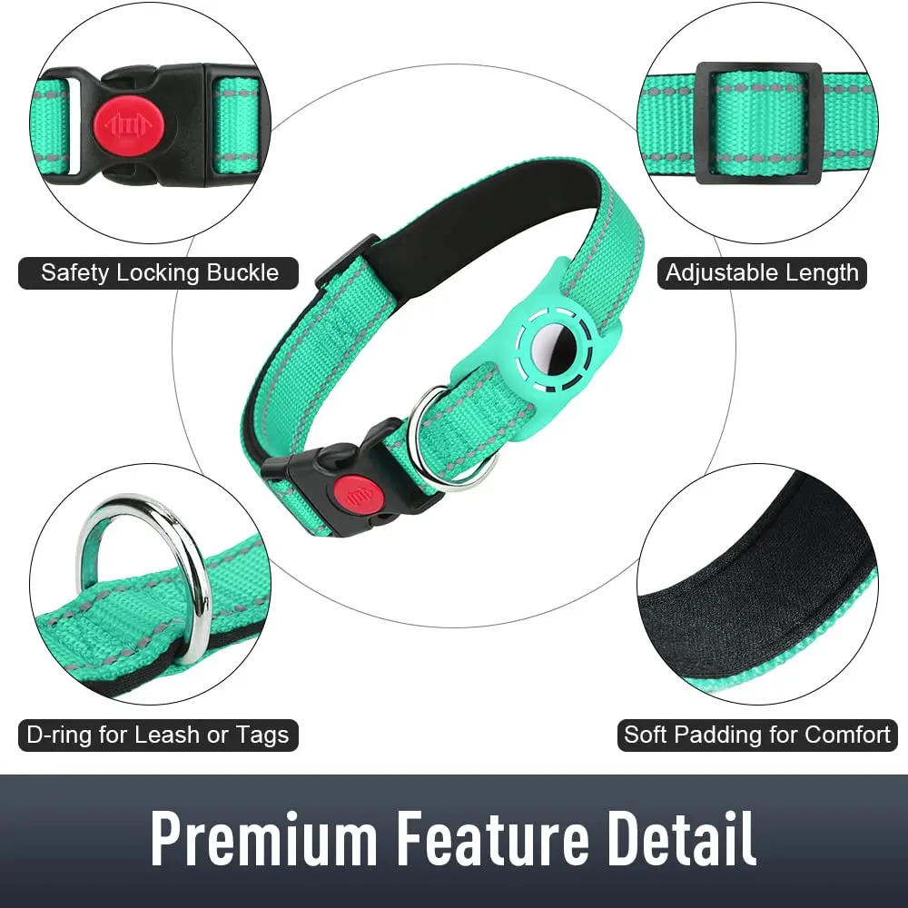 Erbine Reflective Dog Collar with AirTag Holder for Small Dogs, Teal (9"-15") - view 5