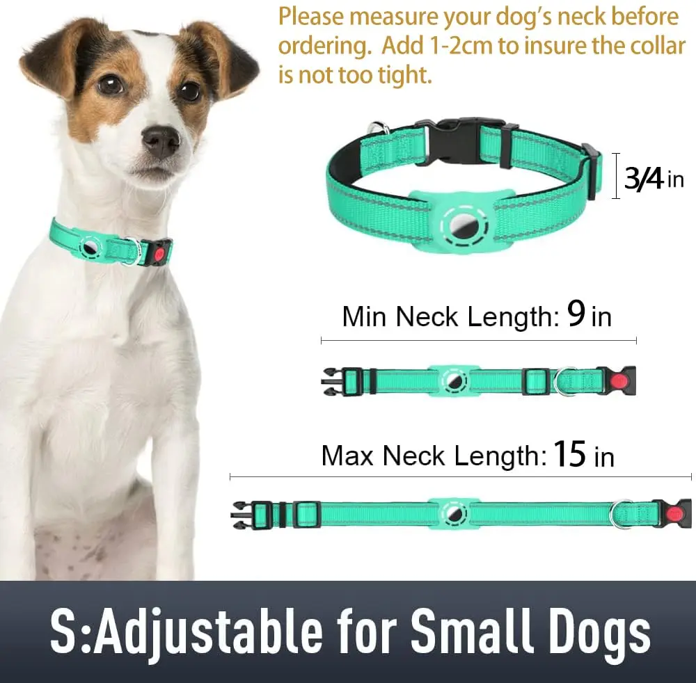 Erbine Reflective Dog Collar with AirTag Holder for Small Dogs, Teal (9"-15") - view 6