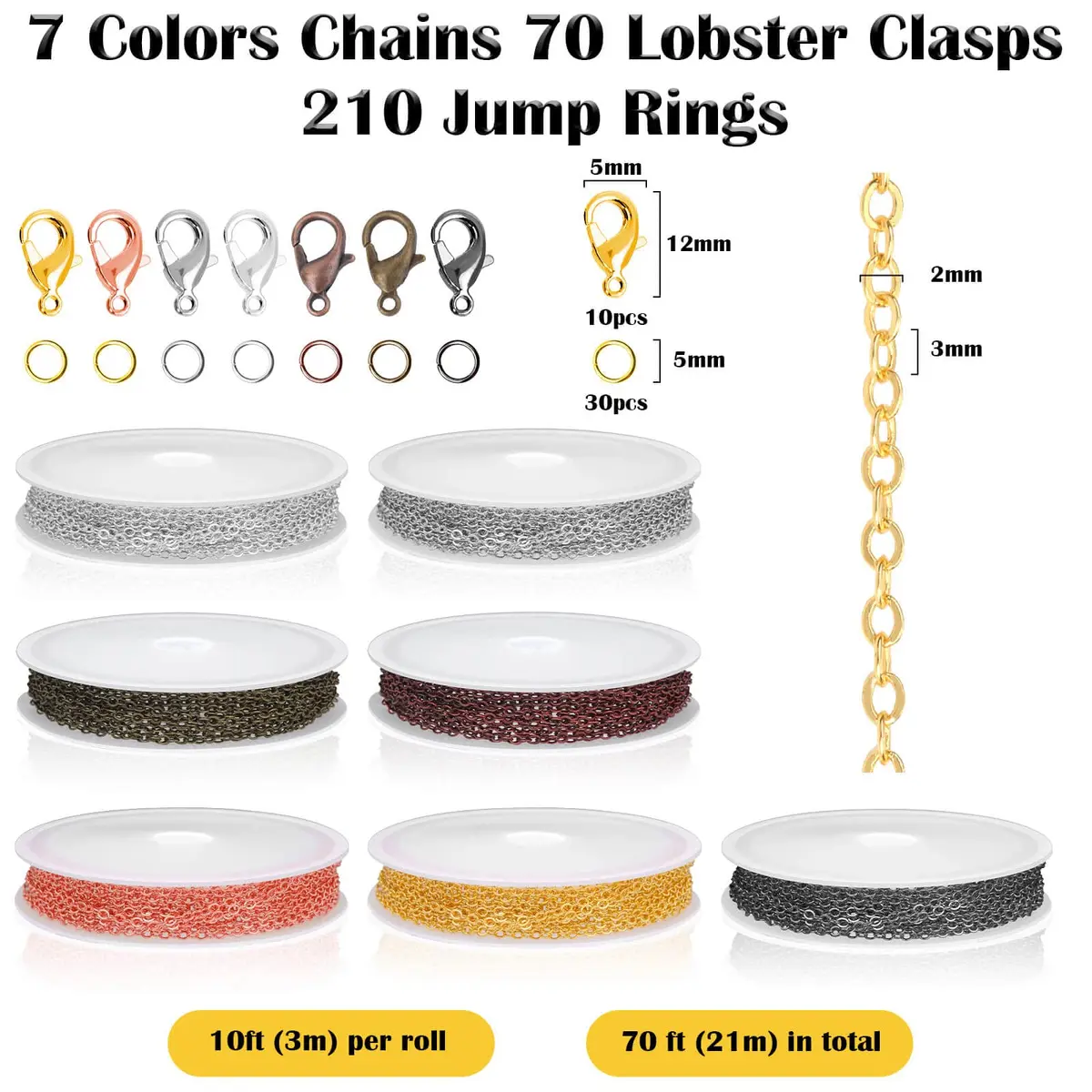 ROADPLUM Jewelry Making Chains 70Ft, 7 Colors 2mm | Bright, Wear-Resistant Necklace Chains - view 2