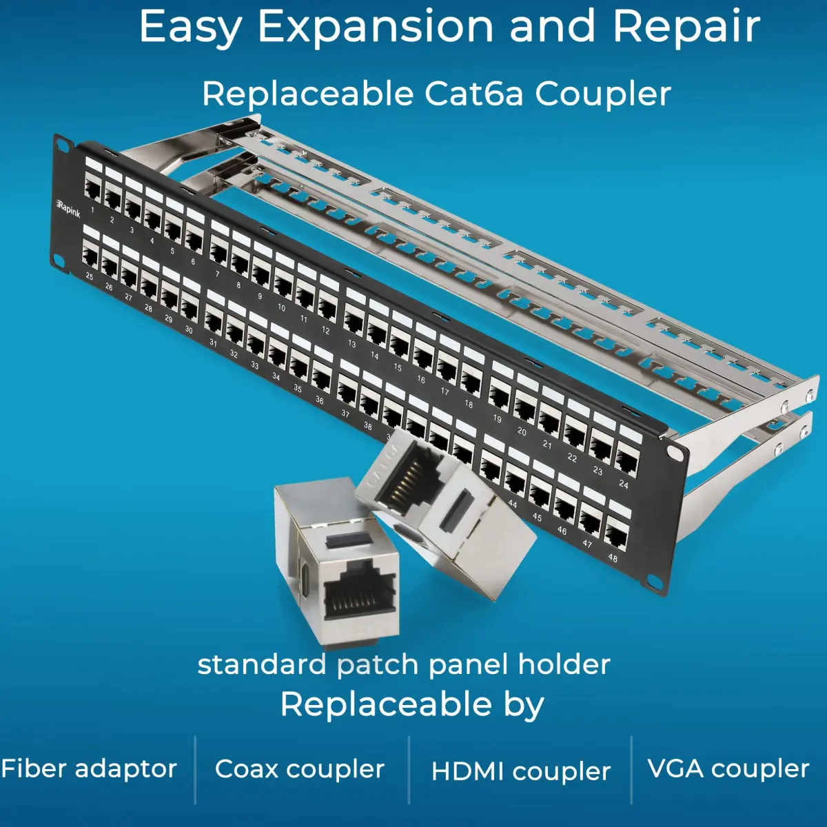 Rapink 48 Port Cat6A Shielded Patch Panel 19-Inch | 10Gbps STP Network Panel with Toolless Keystone Couplers - view 4