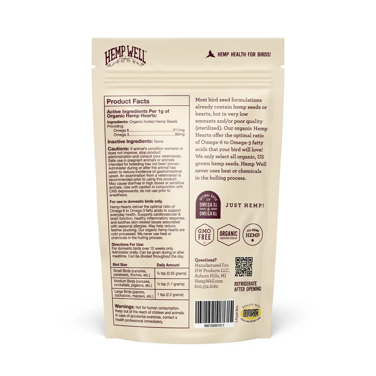 Hemp Well Organic Hemp Hearts for Birds 8 oz (227 g) | Immune & Relaxation Support - view 5