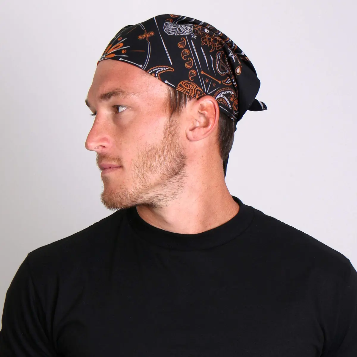 Hot Leathers BAB1069 Orange Paisley Skulls Bandana 21x21 | Classic Polyester Design for Biker Style - view 2