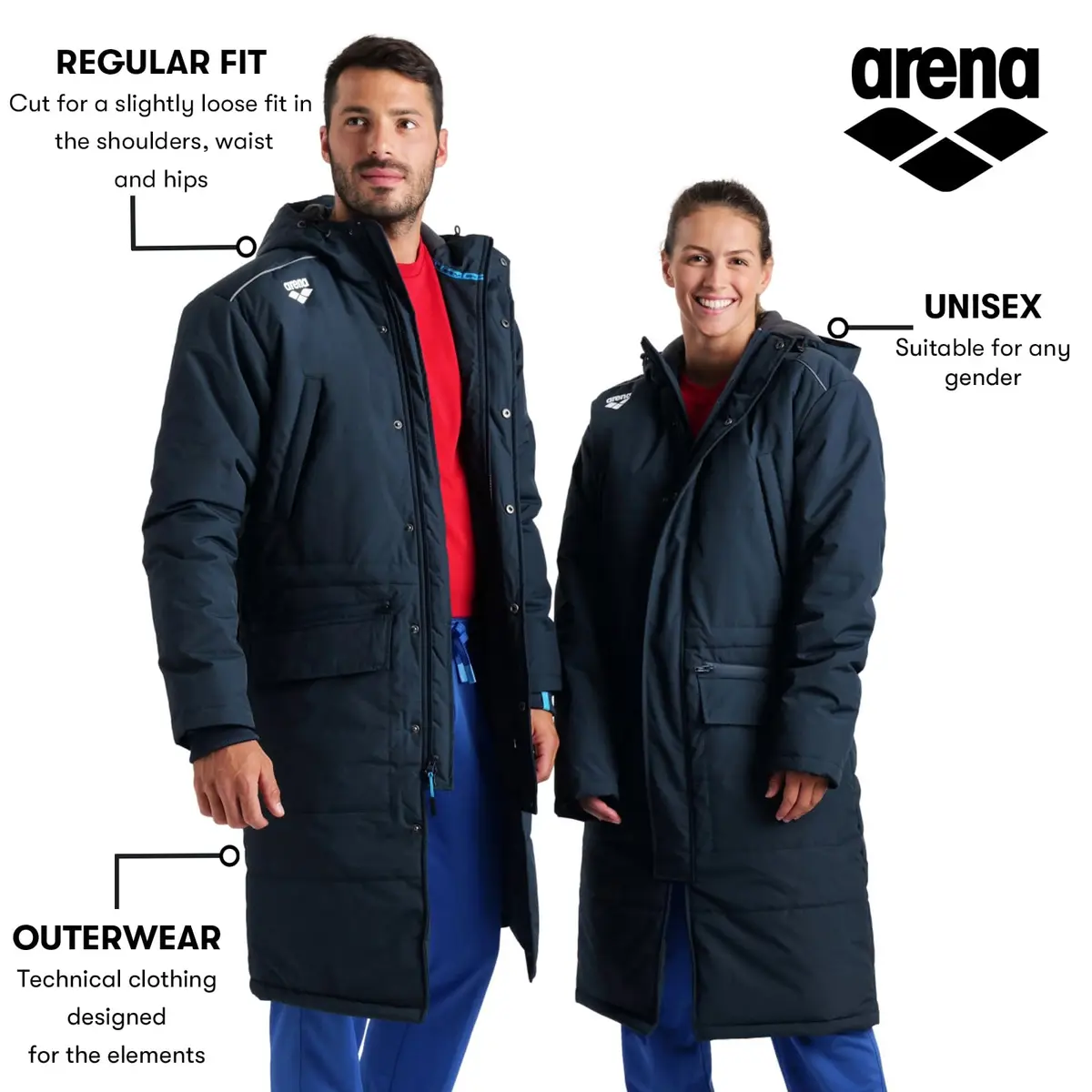 ARENA Unisex Adult Team Swim Parka Solid Fleece Winter Coat Waterproof Long Jacket, Navy, 3X-Large | Water-Resistant Performance Outerwear - view 4