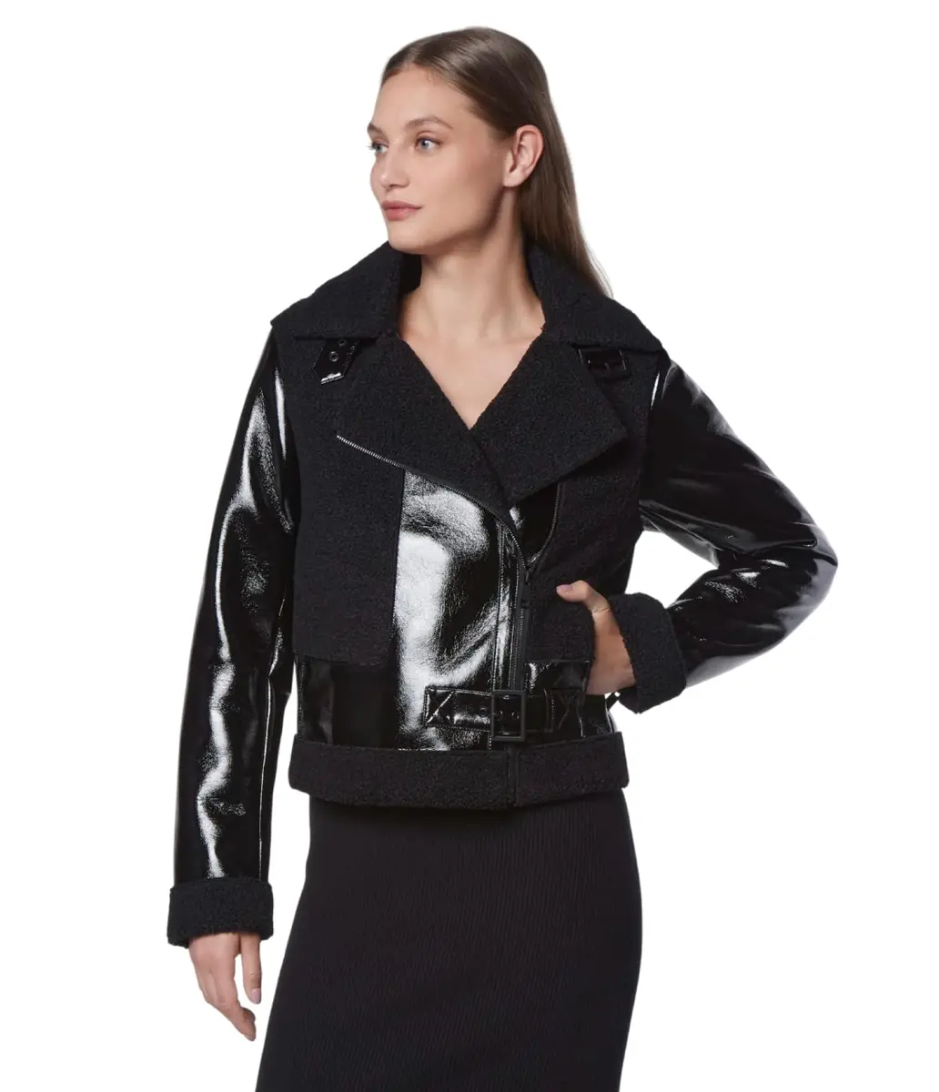 Andrew Marc Women's Moto Faux Patent Leather Jacket, Small | Faux Shearling Moto Coat for Women - view 5