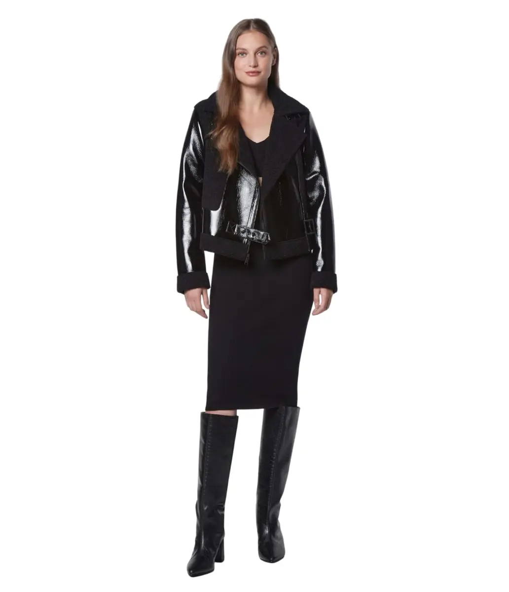 Andrew Marc Women's Moto Faux Patent Leather Jacket, Small | Faux Shearling Moto Coat for Women - view 2