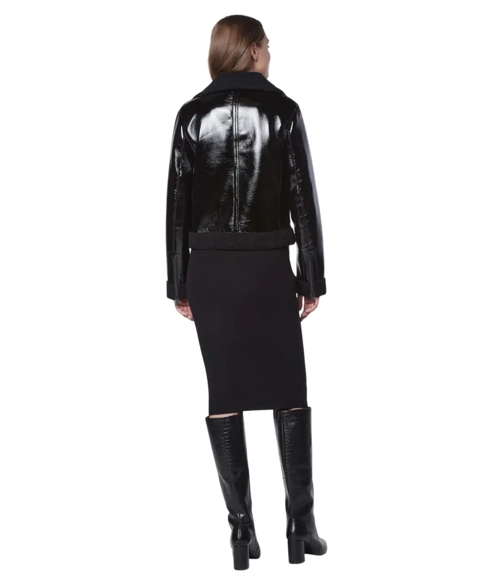 Andrew Marc Women's Moto Faux Patent Leather Jacket, Small | Faux Shearling Moto Coat for Women - view 3