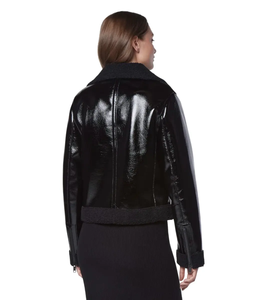 Andrew Marc Women's Moto Faux Patent Leather Jacket, Small | Faux Shearling Moto Coat for Women - view 4