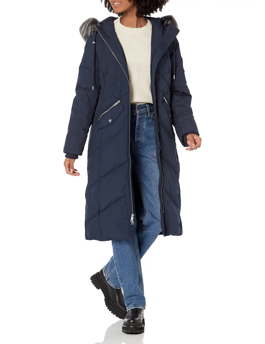 Andrew Marc Women's Long Down Jacket, Luxurious Ink, X-Small | Water-Resistant, Faux Fur Trim, Warm - main product image