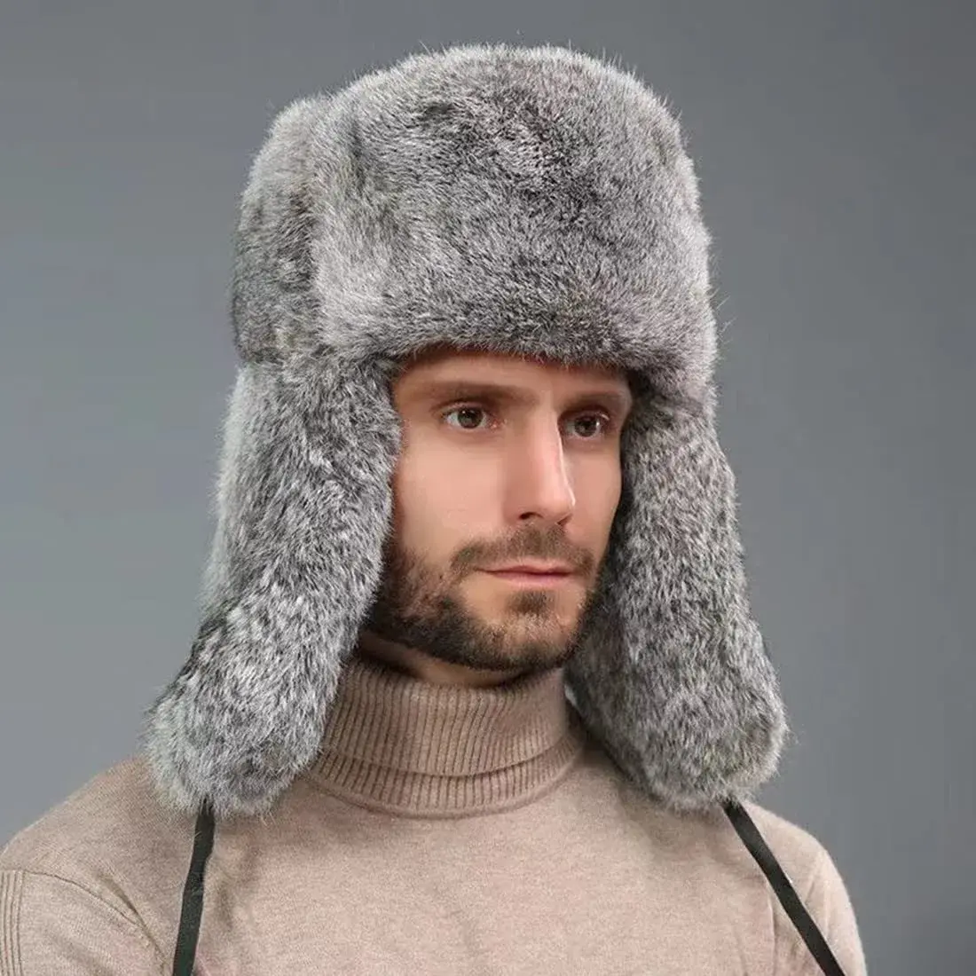 HKSICHENGKEJI Trapper Russian Trooper Hat Gray | Warm Faux Fur Earflap Cap for Cold Weather - view 6