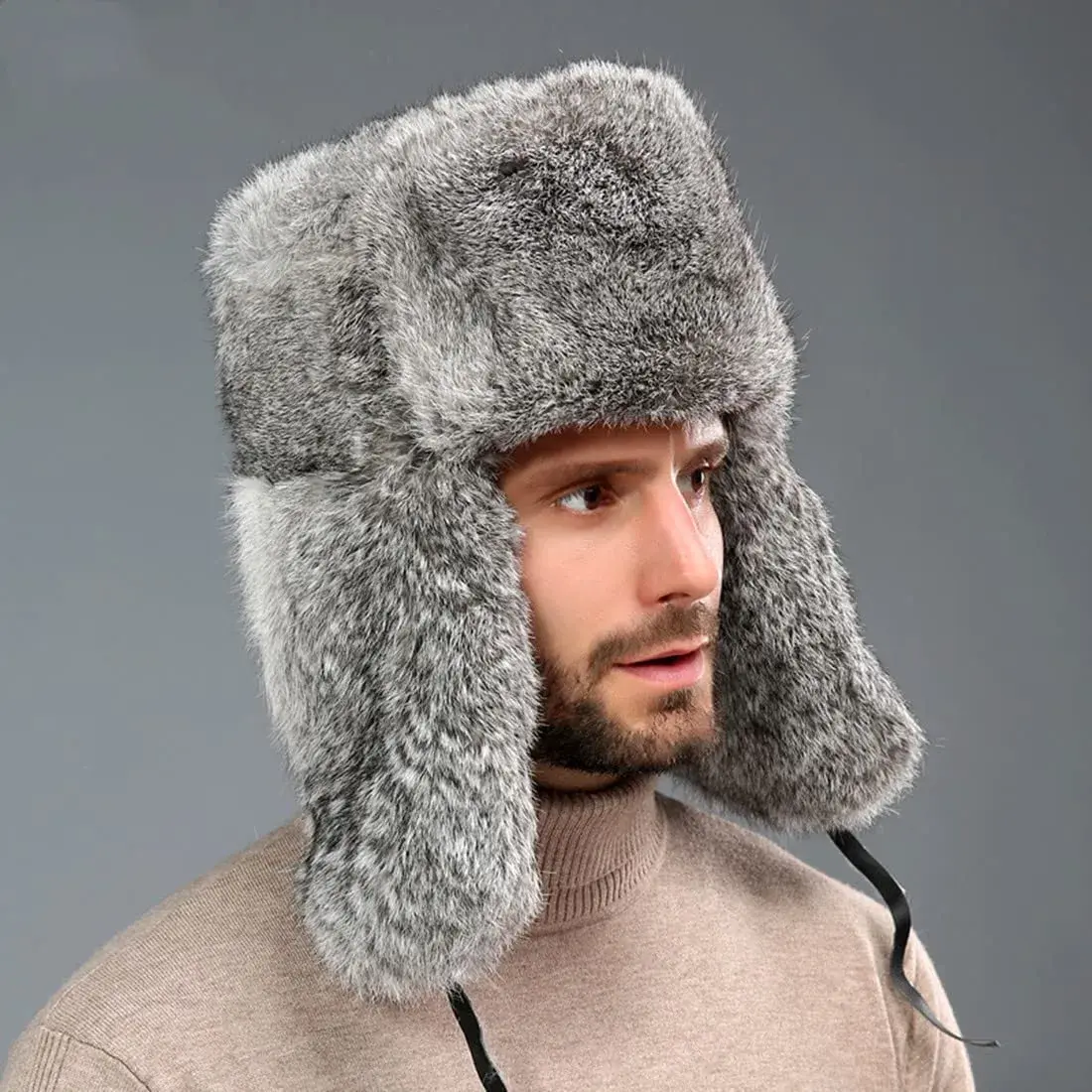 HKSICHENGKEJI Trapper Russian Trooper Hat Gray | Warm Faux Fur Earflap Cap for Cold Weather - view 3