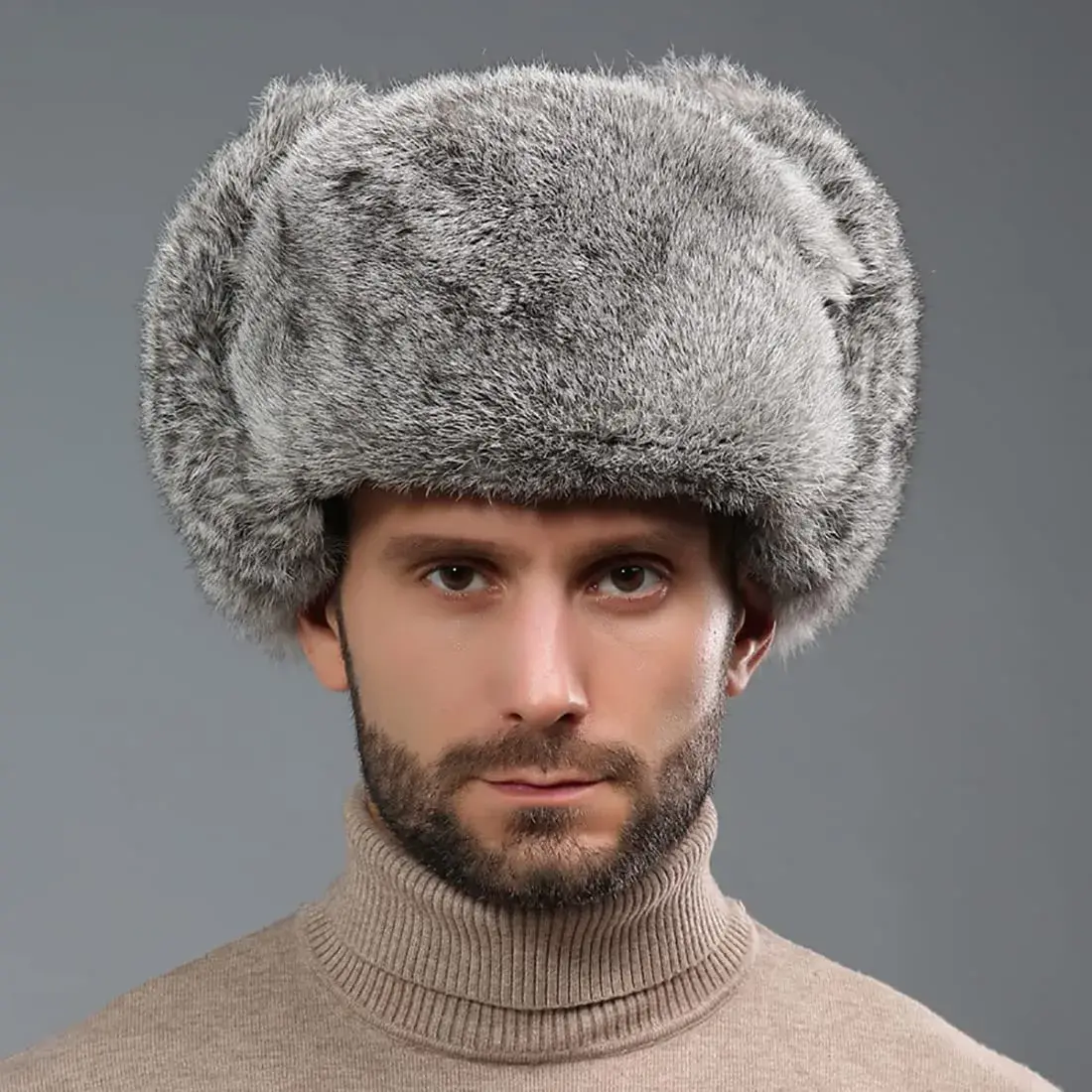 HKSICHENGKEJI Trapper Russian Trooper Hat Gray | Warm Faux Fur Earflap Cap for Cold Weather - view 4