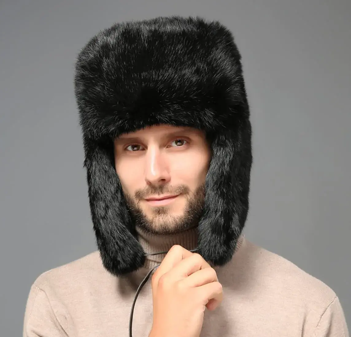 HKSICHENGKEJI Trapper Russian Trooper Hat Black | Warm Faux Fur Earflap Winter Cap - view 5