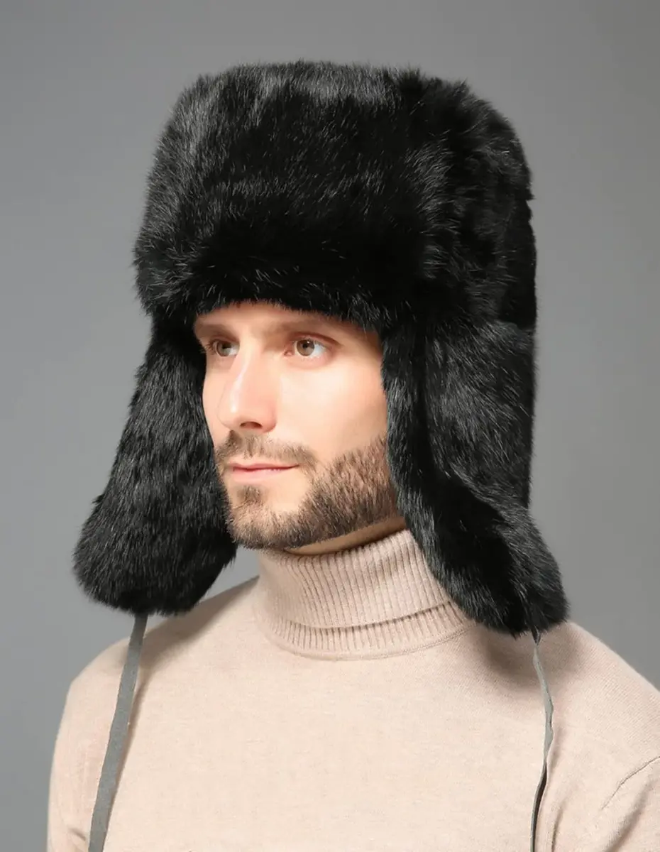 HKSICHENGKEJI Trapper Russian Trooper Hat Black | Warm Faux Fur Earflap Winter Cap - view 6