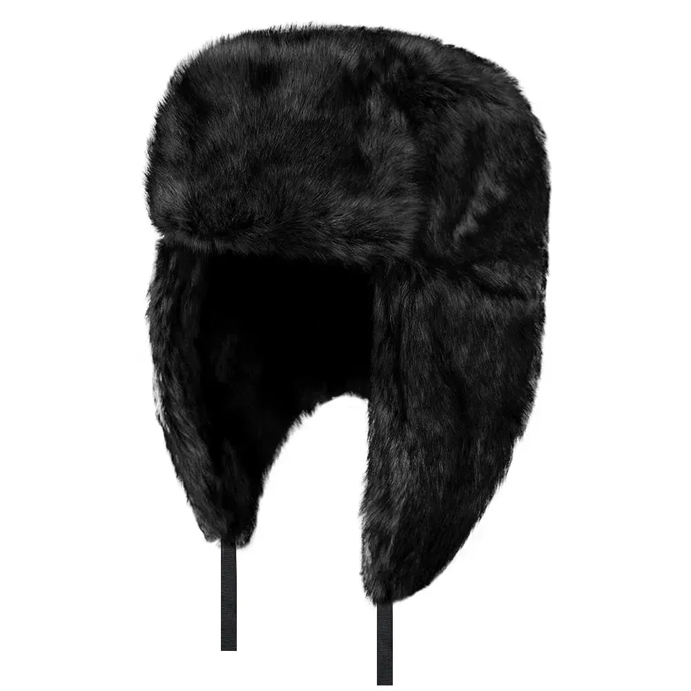 HKSICHENGKEJI Trapper Russian Trooper Hat Black | Warm Faux Fur Earflap Winter Cap - view 7