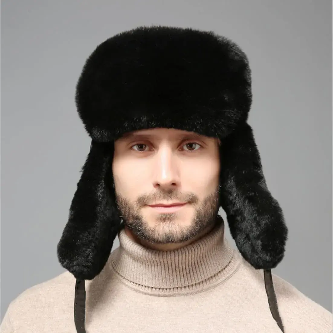 HKSICHENGKEJI Trapper Russian Trooper Hat Black | Warm Faux Fur Earflap Winter Cap - view 8