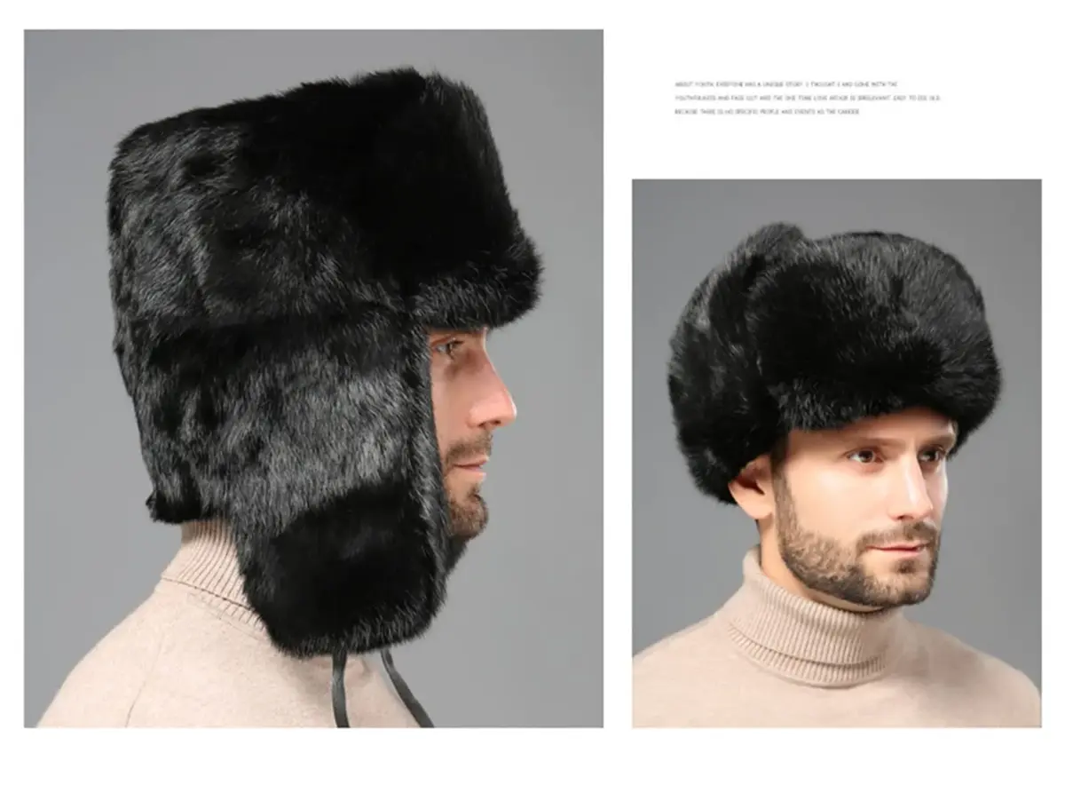 HKSICHENGKEJI Trapper Russian Trooper Hat Black | Warm Faux Fur Earflap Winter Cap - view 3