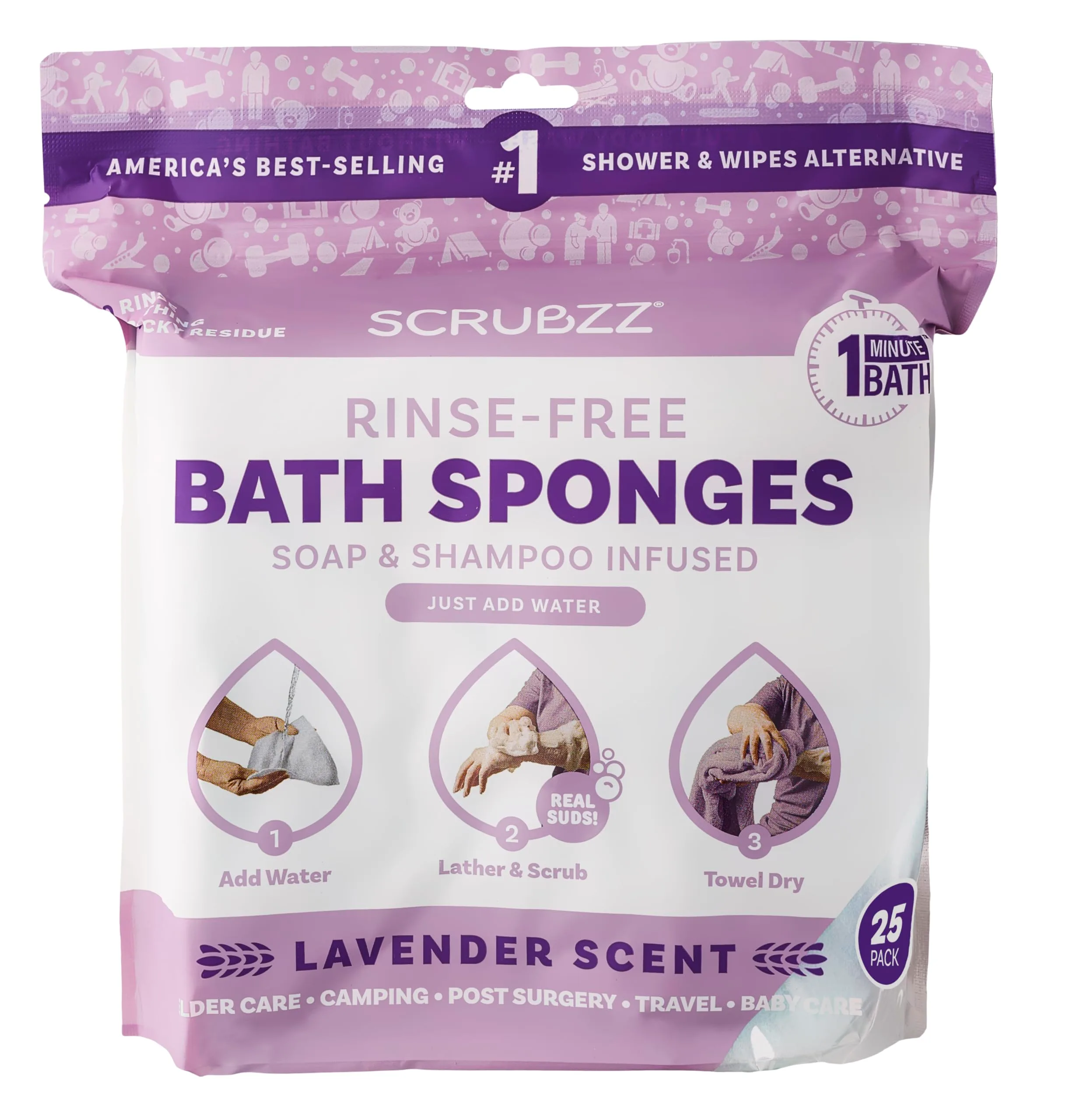 Scrubzz Disposable No Rinse Bathing Wipes 25 Count Lavender | Gentle Cleansing for Impractical Showers - main product image